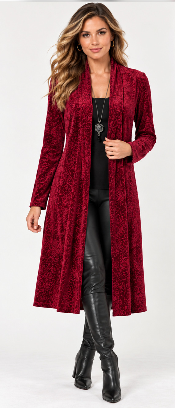 Pyramid Collection Rose Velvet Duster Jacket Merlot Red Floral Cardigan XL NWOT